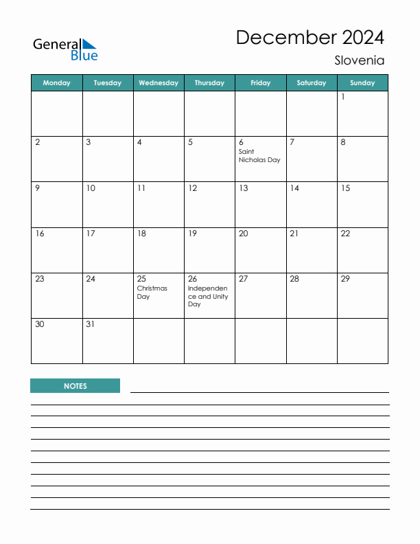 Calendar with Notes Printable - Monday Start