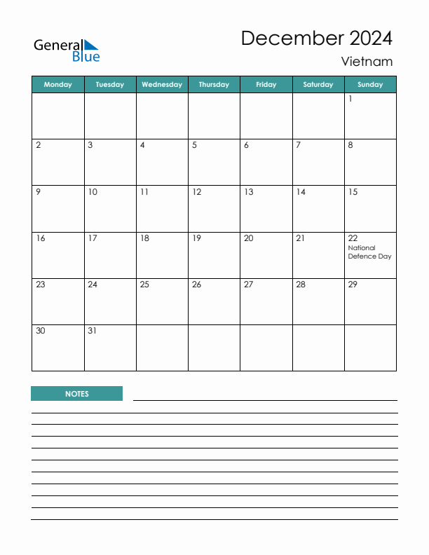 Calendar with Notes Printable - Monday Start