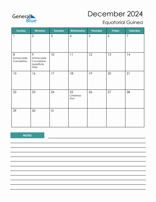 Calendar with Notes Printable - Sunday Start