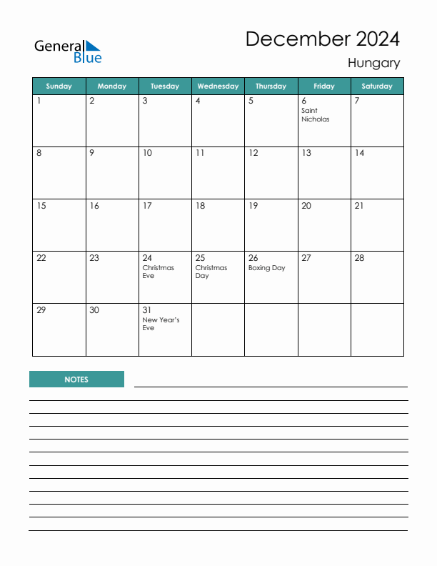 Calendar with Notes Printable - Sunday Start