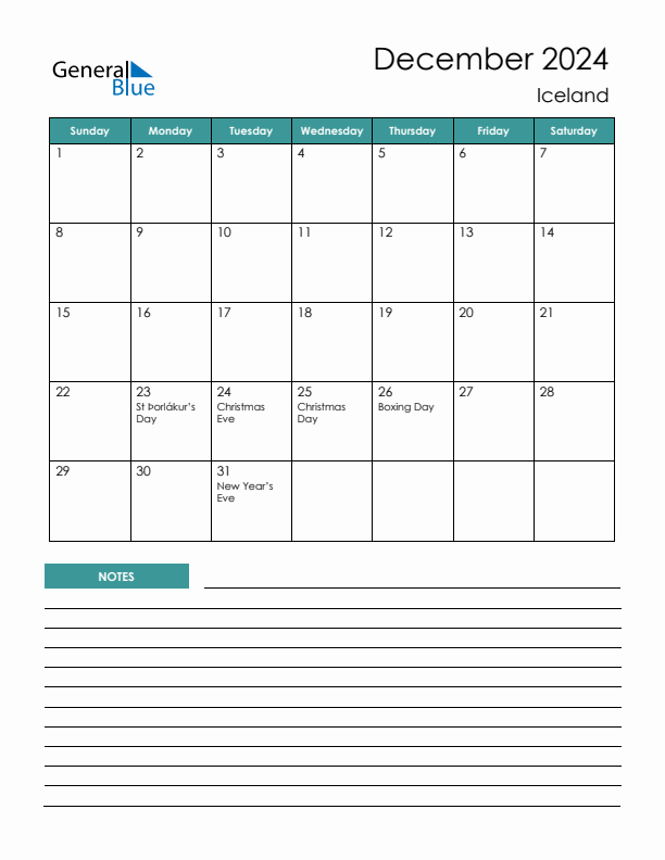 Calendar with Notes Printable - Sunday Start