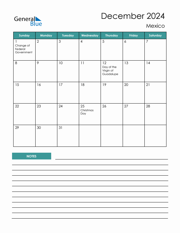 Calendar with Notes Printable - Sunday Start