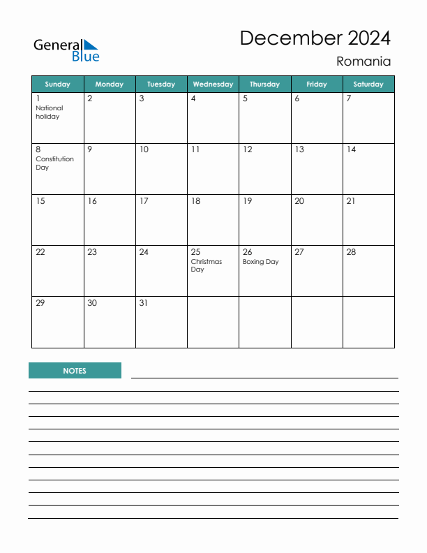 Calendar with Notes Printable - Sunday Start