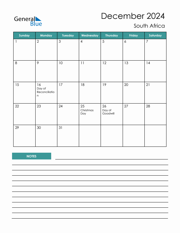 Calendar with Notes Printable - Sunday Start