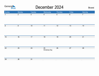 Current month calendar with Brunei holidays for December 2024