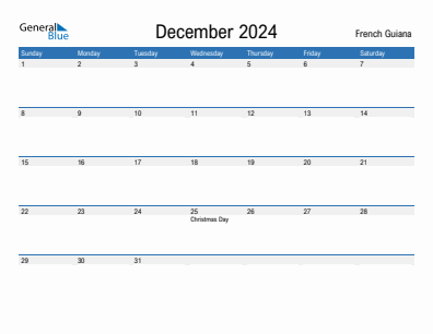 Current month calendar with French Guiana holidays for December 2024