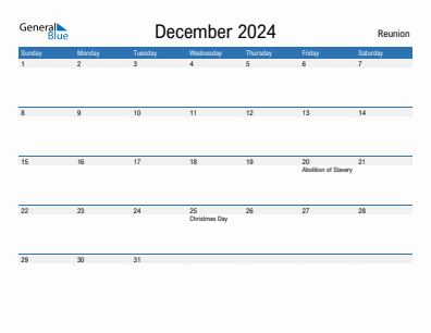 Current month calendar with Reunion holidays for December 2024