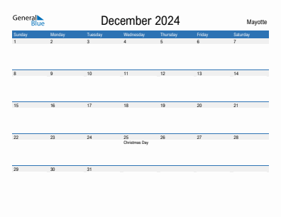 Current month calendar with Mayotte holidays for December 2024