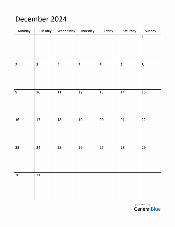 Monday Start Calendar for December 2024