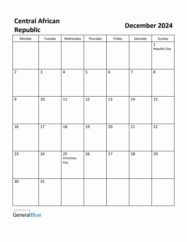 December 2024 Calendar with Central African Republic Holidays