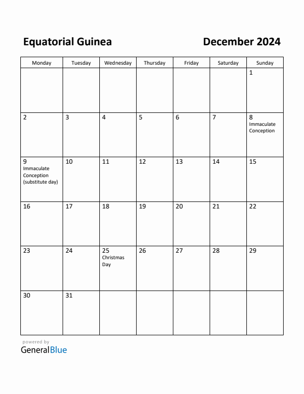 December 2024 Calendar with Equatorial Guinea Holidays