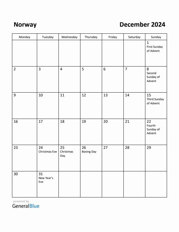 December 2024 Calendar with Norway Holidays