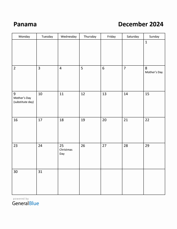 December 2024 Calendar with Panama Holidays