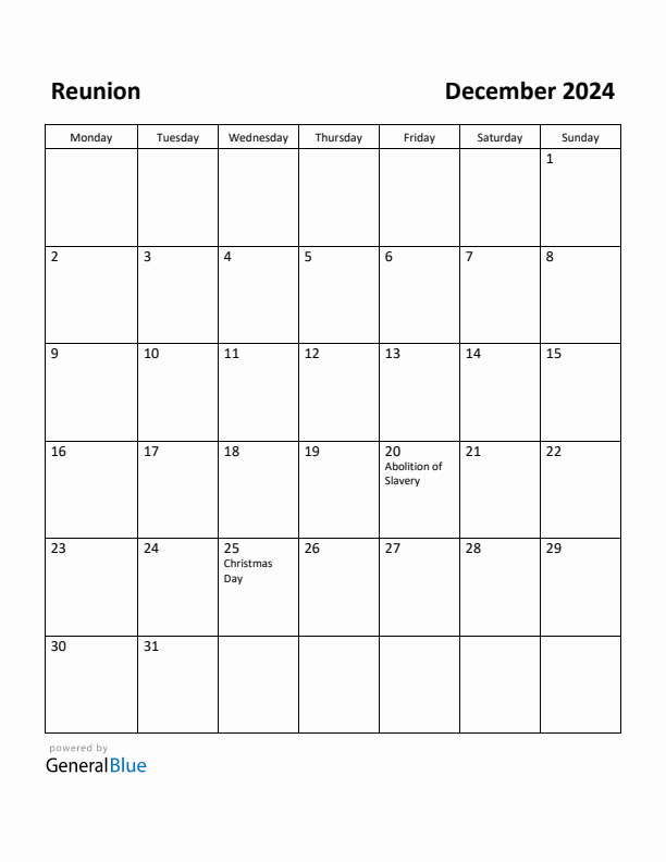 December 2024 Calendar with Reunion Holidays