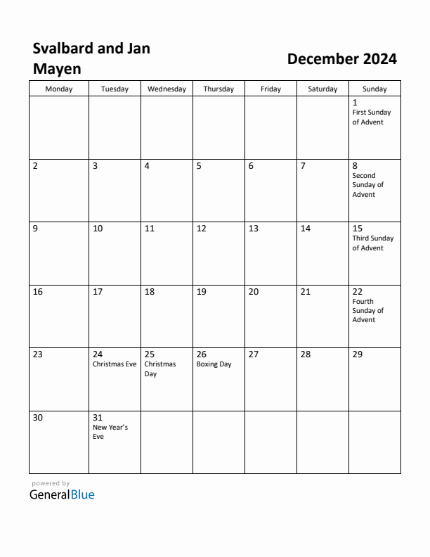 December 2024 Calendar with Svalbard and Jan Mayen Holidays