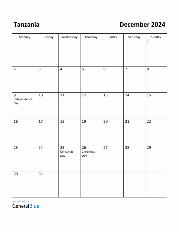 December 2024 Calendar with Tanzania Holidays