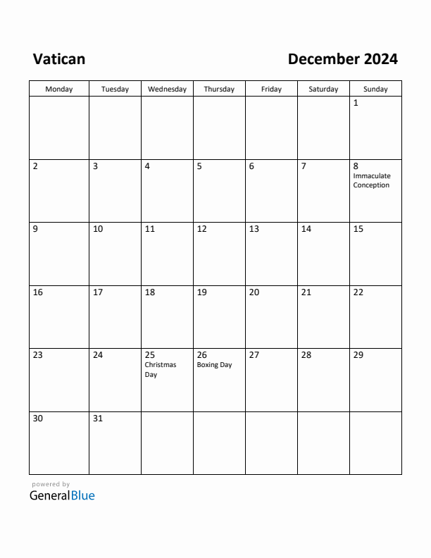 December 2024 Calendar with Vatican Holidays