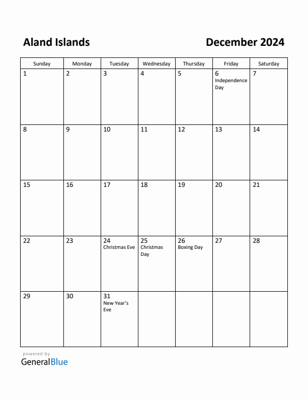 December 2024 Calendar with Aland Islands Holidays