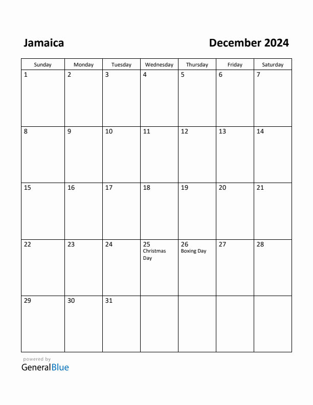 December 2024 Calendar with Jamaica Holidays