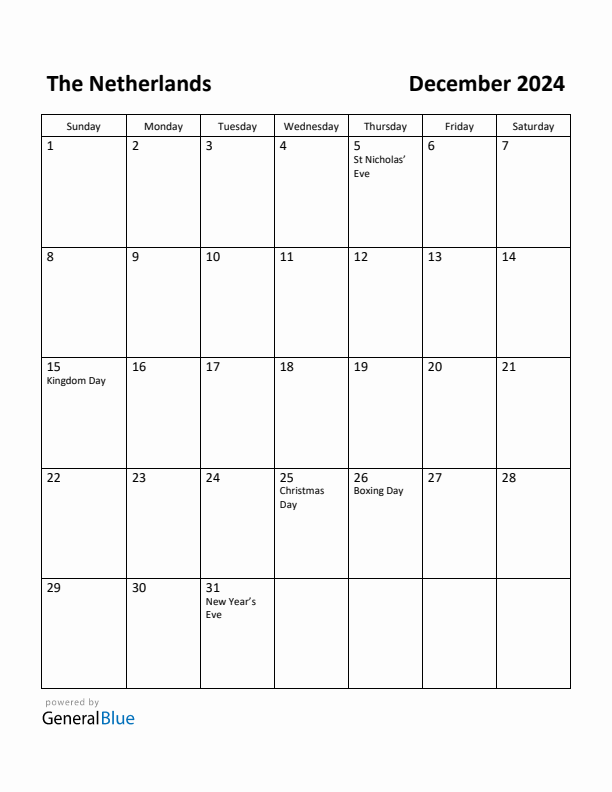 December 2024 Calendar with The Netherlands Holidays