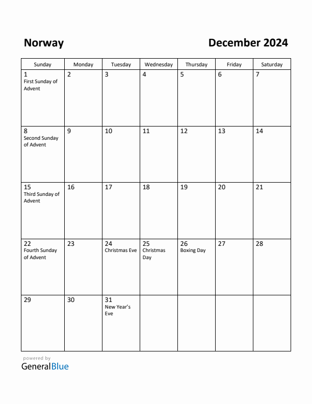 December 2024 Calendar with Norway Holidays