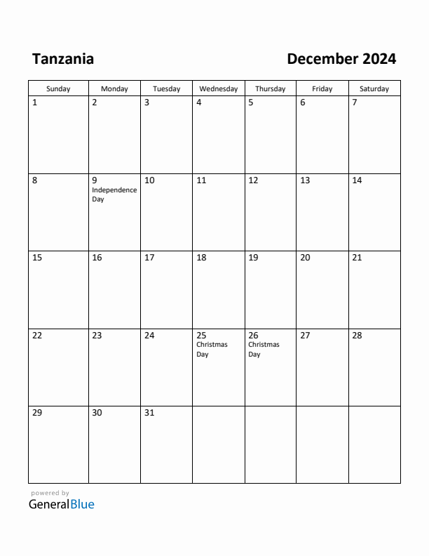 December 2024 Calendar with Tanzania Holidays