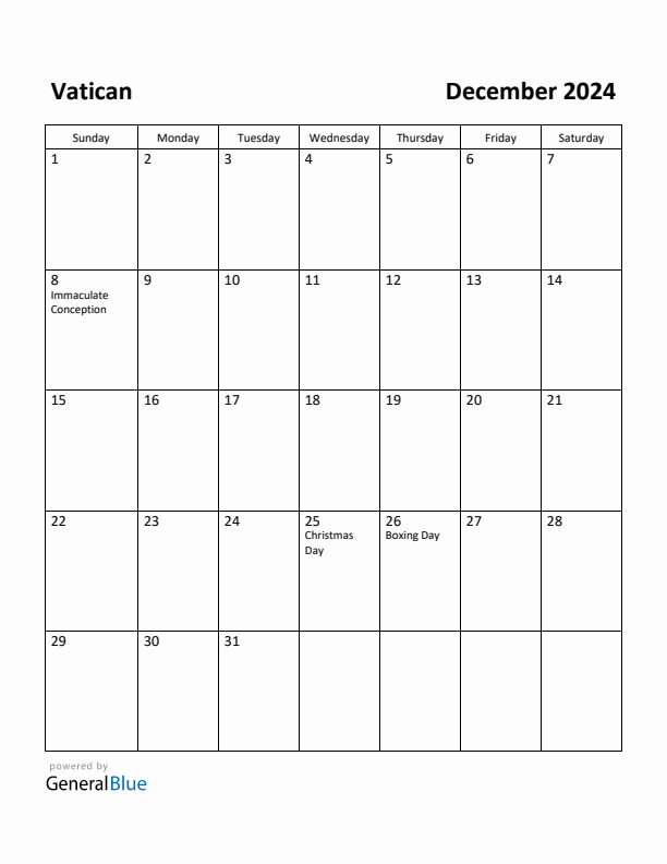 December 2024 Calendar with Vatican Holidays