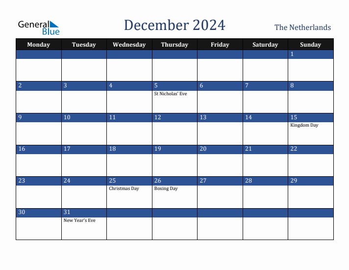 December 2024 The Netherlands Calendar (Monday Start)