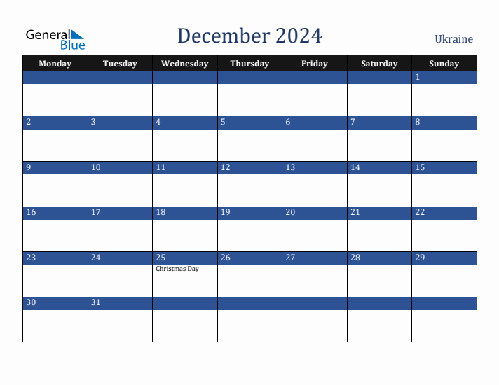 December 2024 Ukraine Calendar (Monday Start)