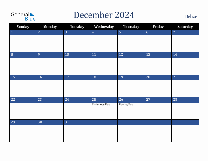 December 2024 Belize Calendar (Sunday Start)