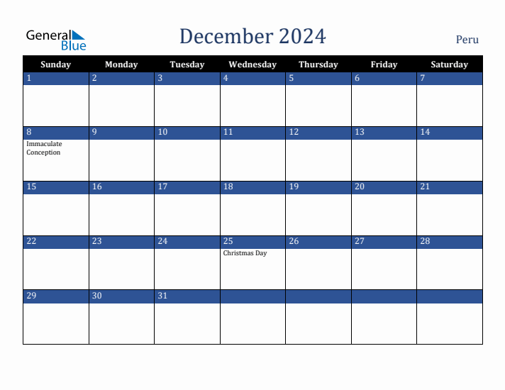 December 2024 Peru Calendar (Sunday Start)