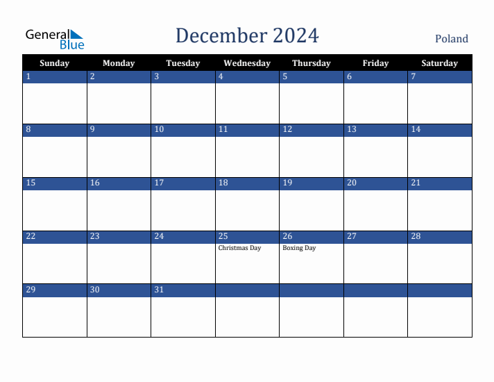 December 2024 Poland Calendar (Sunday Start)