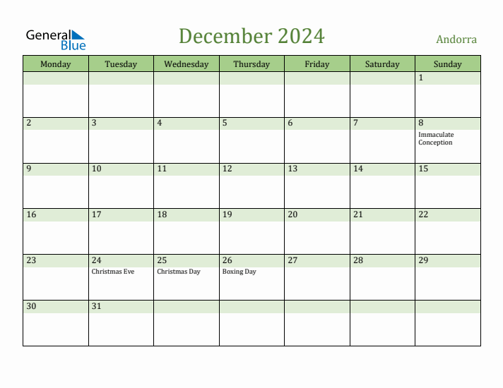 December 2024 Calendar with Andorra Holidays