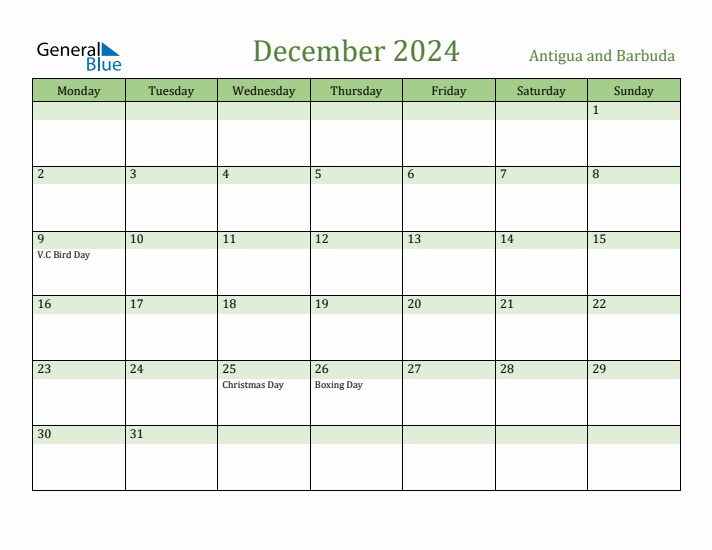 December 2024 Calendar with Antigua and Barbuda Holidays