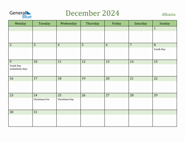 December 2024 Calendar with Albania Holidays