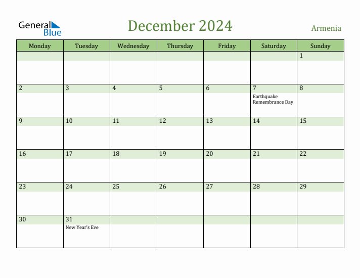 December 2024 Calendar with Armenia Holidays