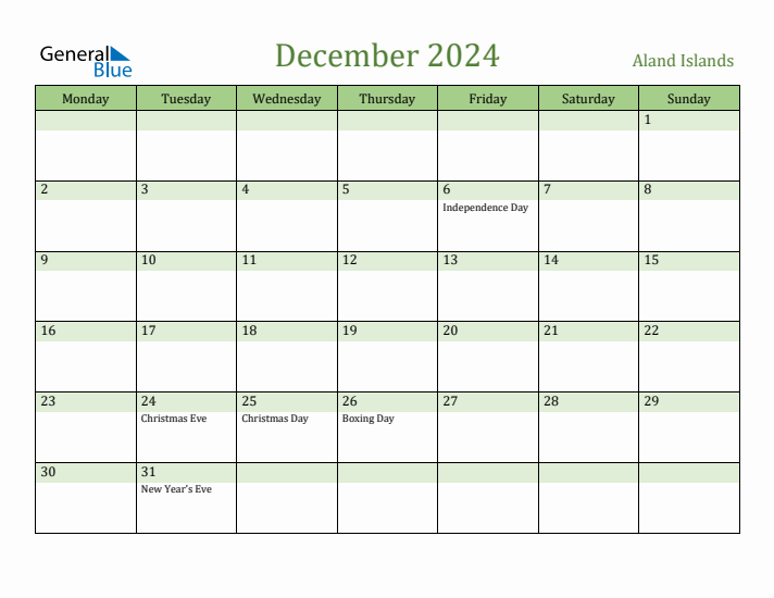 December 2024 Calendar with Aland Islands Holidays