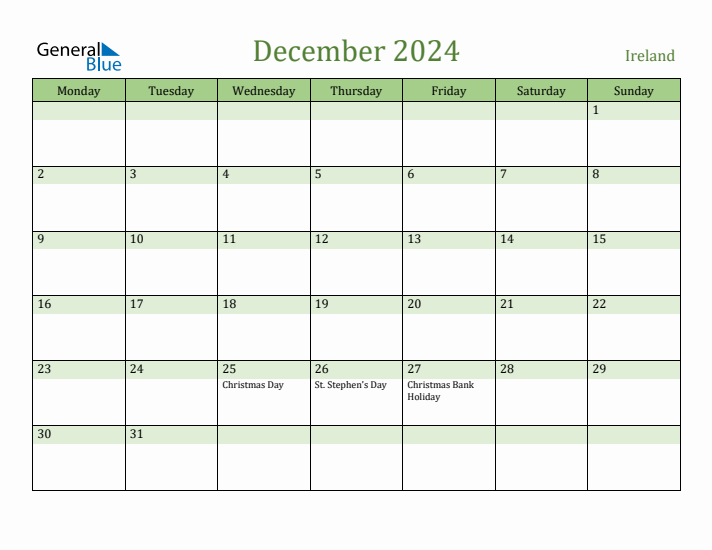 December 2024 Calendar with Ireland Holidays