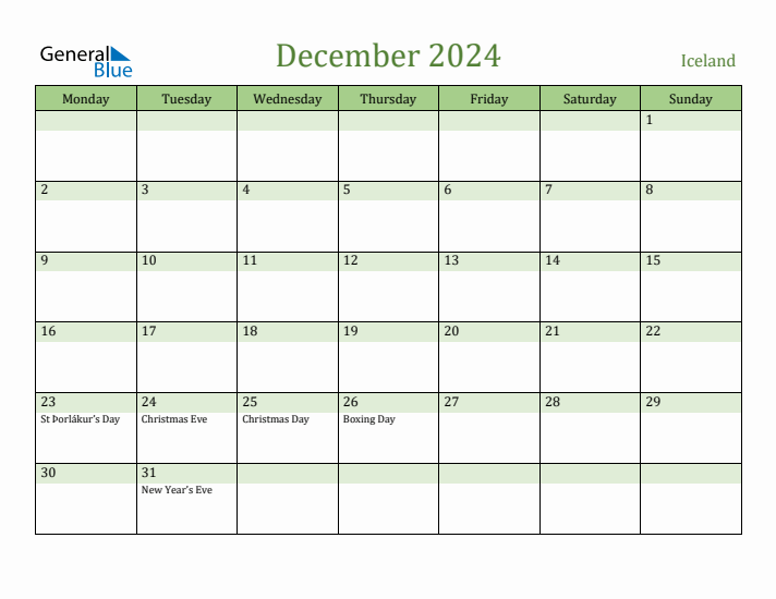 December 2024 Calendar with Iceland Holidays