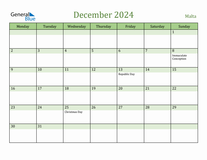 December 2024 Calendar with Malta Holidays