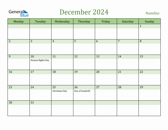 December 2024 Calendar with Namibia Holidays