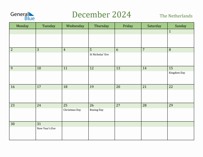 December 2024 Calendar with The Netherlands Holidays