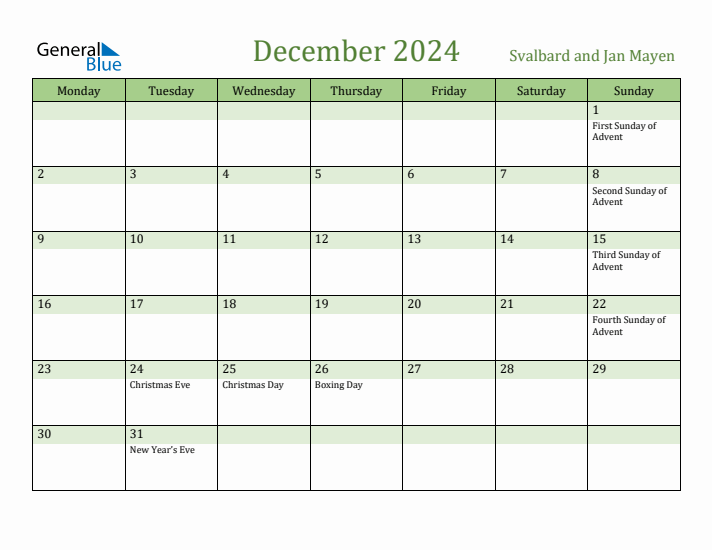 December 2024 Calendar with Svalbard and Jan Mayen Holidays