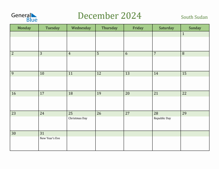 December 2024 Calendar with South Sudan Holidays