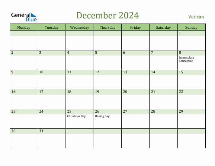 December 2024 Calendar with Vatican Holidays