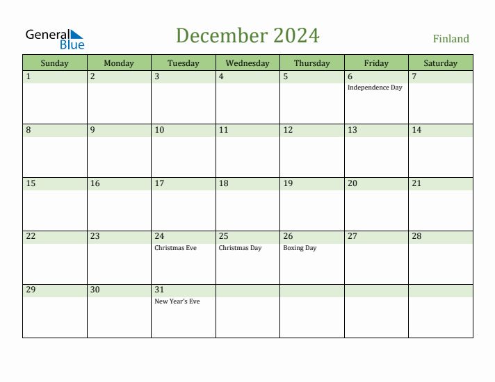 December 2024 Calendar with Finland Holidays