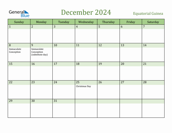 December 2024 Calendar with Equatorial Guinea Holidays