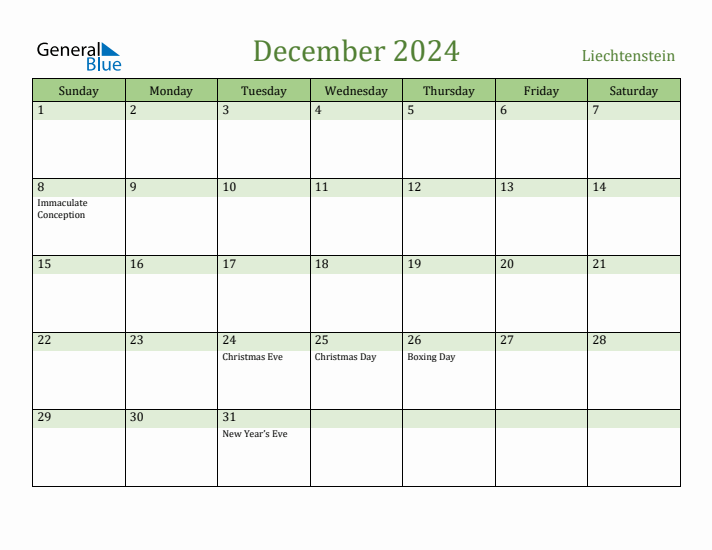 December 2024 Calendar with Liechtenstein Holidays