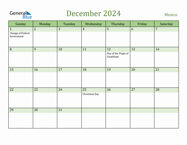 December 2024 Calendar with Mexico Holidays