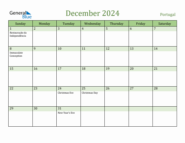 December 2024 Calendar with Portugal Holidays